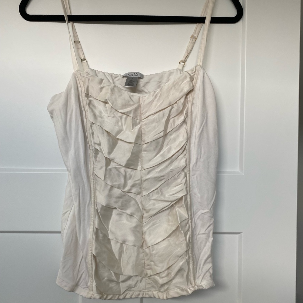 Cache Fitted White Cami with Ruched Silk Front
